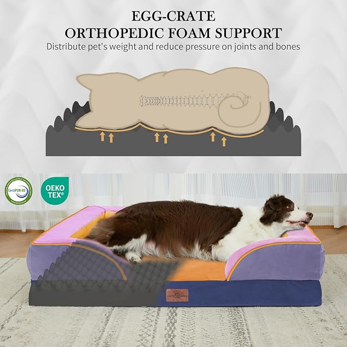 Comfort Expression Orthopedic Dog Bed for Extra Large Dogs 45x35 Inch, Waterproof Egg Crate Foam XL Pet Bed with Bolsters, Dog Couch with Washable Cover & Non-Slip Bottom, Orange Breeze