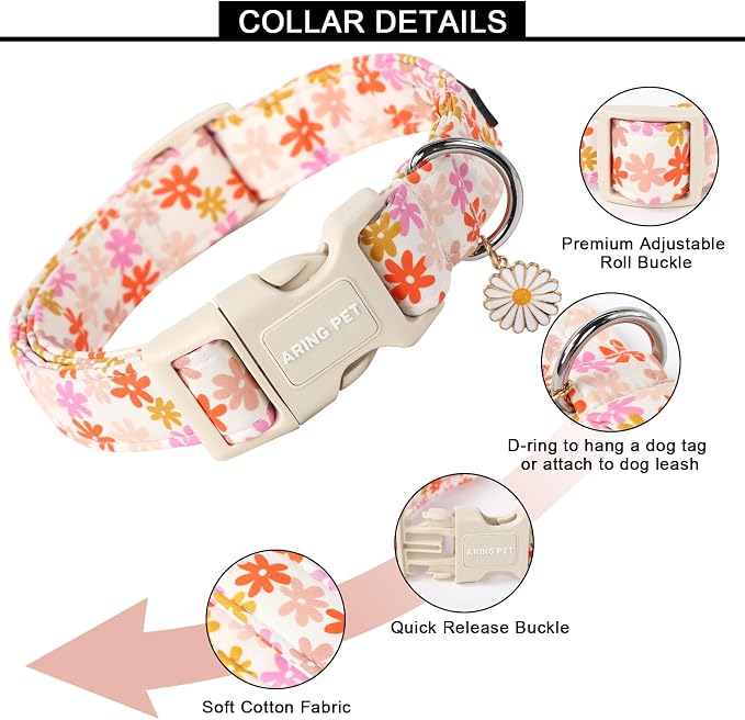 ARING PET Spring Summer Girl Dog Collar-Cute Floral Doggy Collars for Small Dogs, Adjustable Cotton Sunflower Pet Collars Puppy Collar for Small Medium Large Dogs