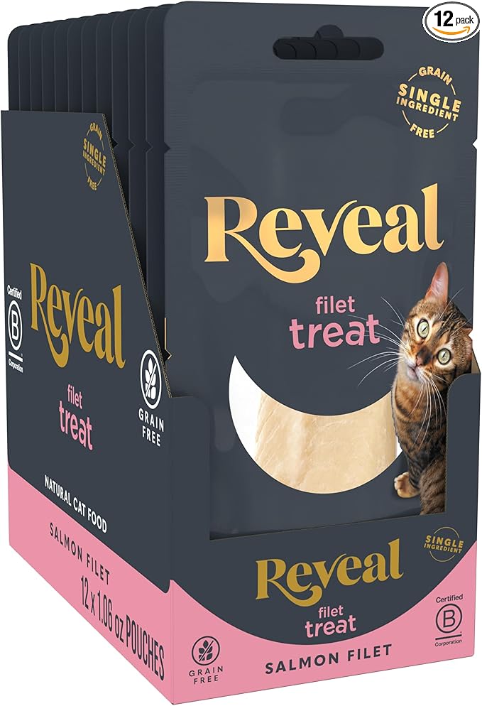 Reveal Natural Cat Treats, 12 Count Single Ingredient Treat for Cats, Grain Free, Whole Salmon Loin, 1.06 oz Bags