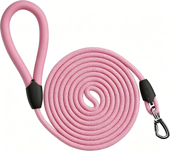 Rope Dog Leash, |Comfortable Leather Handle, Resistant to Dirt and bite | Strong Nylon Pet Lead for Small, Medium, Large Dogs (Pink, 5 FEET)