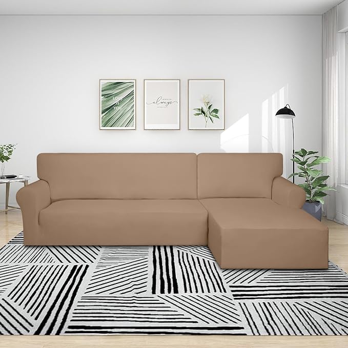 PureFit Super Stretch Sectional Couch Covers - 2 pcs Spandex Non Slip Sofa Covers with Elastic Bottom for L Shape Sectional Sofa Couch, Great for Kids & Pets (3 Seat Sofa + 2 Seat Chaise, Camel)