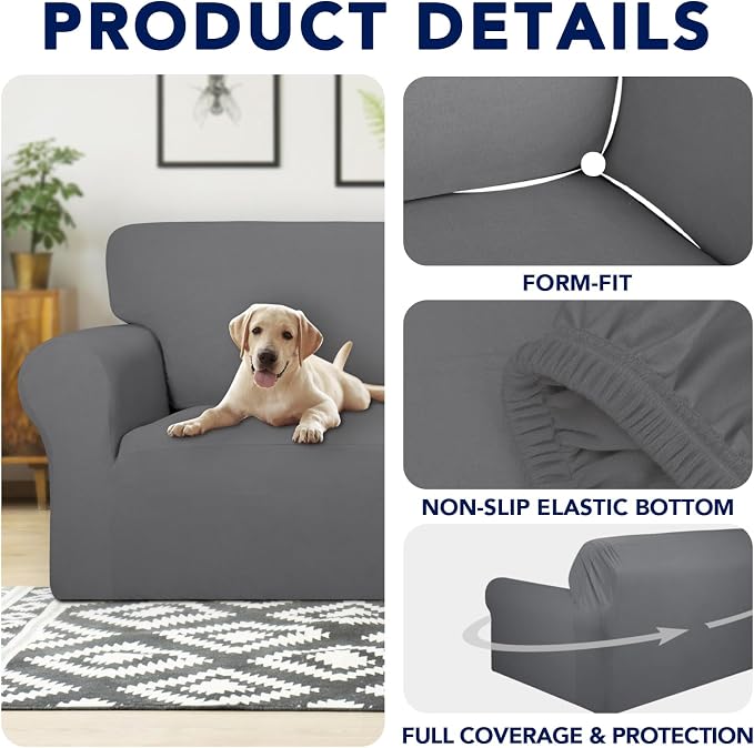 PureFit 100% Dual Waterproof Couch Cover Slipcovers for Couches and Sofas - Stretch Non Slip Fleece Sofa Covers Washable, Leakproof Furniture Protector for Kids, Pets, Dog (Loveseat, Gray)