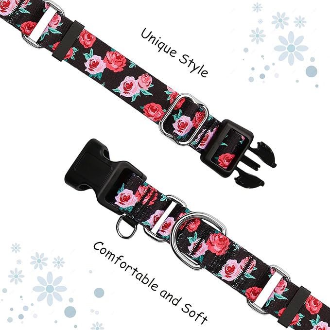 Martingale Collar for Dogs Pink Floral Dog Collar for Large Dogs with Buckle Girl Female Soft Nylon Dog Collars (Black Pink Rose, L)