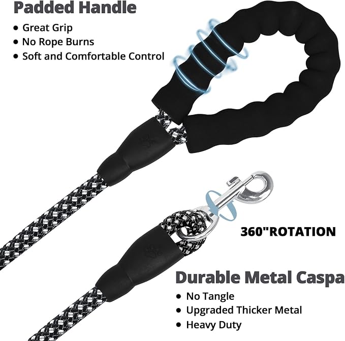 jenico Long Dog Leash 50FT: Heavy Duty Rope Leashes for Dogs Training with Swivel Lockable Hook Reflective Threads Bungee and Padded Handle - Dog Lead for Large Small Medium Dogs Outside Walking