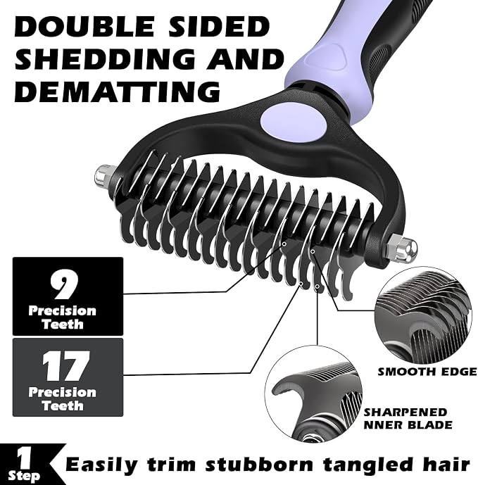 3PCS Self Cleaning Slicker Brush & Pet Grooming Rake & Flea Comb for Dogs,Cats and Horses | Double-Sided Dematting Comb & Skin Friendly Deshedding Grooming Tool | Pet Supplies(Light Purple)