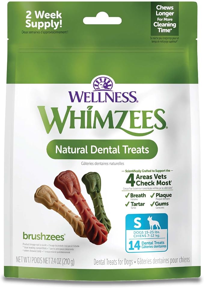 Wellness WHIMZEES Daily Brushzees Natural Dog Dental Treat, VOHC Accepted Chews, Freshens Breath, Small Size, 7.4 oz Bag, 14 Count