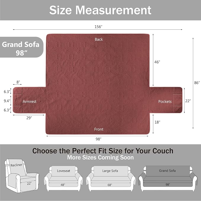 Quilted Grand Sofa Covers for 4 Cushion Couch, Couch Cover for Grand Sofa Washable, Soft Cozy Couch Protector, Oversized Grand Sofa Slipcovers Water-Repellent (Grand Sofa 98", Red)