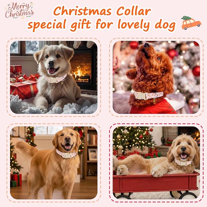 Christmas Dog Collar for Medium Dogs, Adjustable Exquisite Pink Dog Collar with Christmas Gingerbread Man Cartoon Pattern, Winter Holiday Pet Gift for Girl Boy Dogs-M