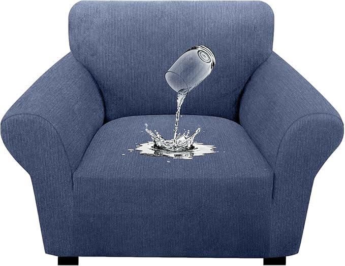 Waterproof Stretch Spandex Chair Sofa Slipcover - Non-Slip Soft Couch Cover with Elastic Bottom, Washable Leakproof Furniture Protector for Kids, Pets, Dogs & Cats(Chair, Blue Grey)