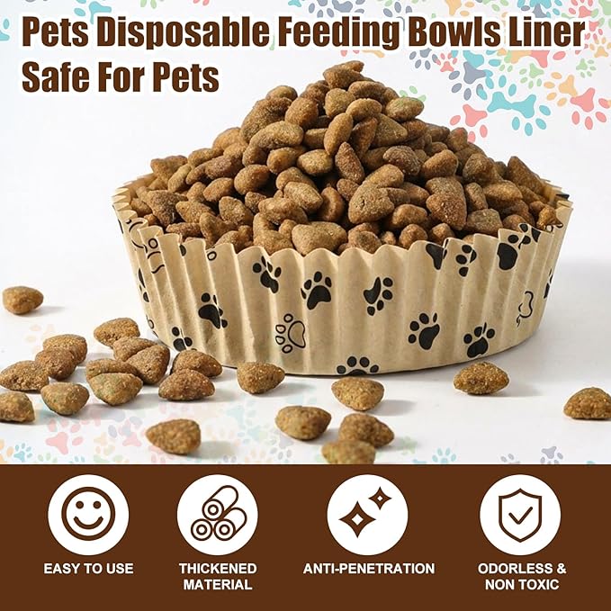 meekoo 600 Pcs Large Pet Disposable Feeding Bowls Liner Bulk Cat Food Bowls Small Paper Dish Paper Liner for Small Dogs Cats Dish Wet Food Feeding Station (Khaki,Paw)