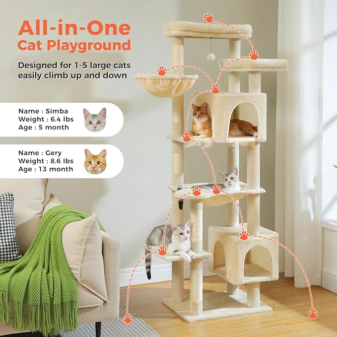 69” Tall Cat Tree for Indoor Cats Large Adult, Multi-Level Cat Tower with Scratching Post, Dual Top Perches, Big Hammock & 2 Spacious Condos, Cat Furniture for Multi-Cat Households, Beige