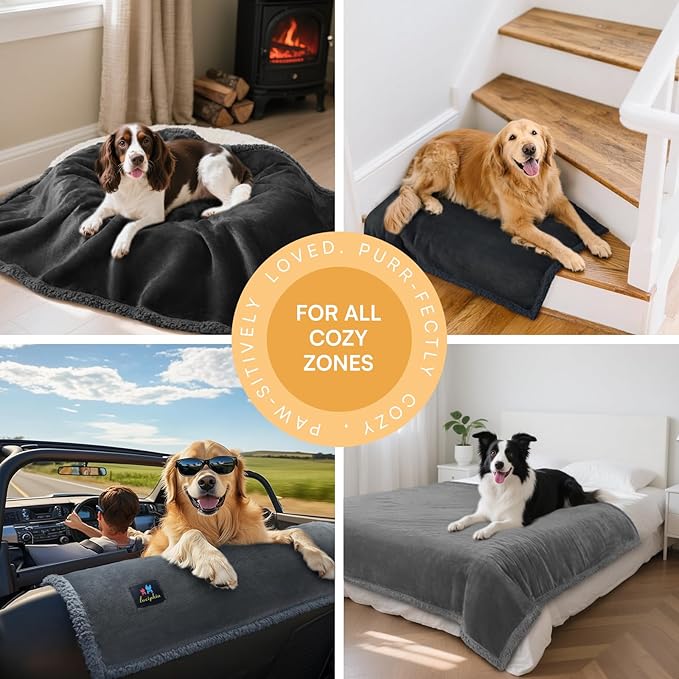 Luciphia Waterproof Bed Blanket Washable, Soft Sherpa Fleece Puppy Reversible Throw Blankets for Medium Large Dog Cat, Furniture Cover Protector Couch from Liquid Pee and Pet Fur, Light Grey,65" x 57"