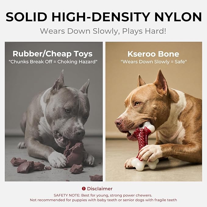Kseroo 2-Pack Dog Toys for Aggressive Chewers Medium/Large Breed, 8-Inch Solid Nylon Dog Chew Bones, Beef Flavored Tough Dog Toys for 20-90lb Dogs, Red