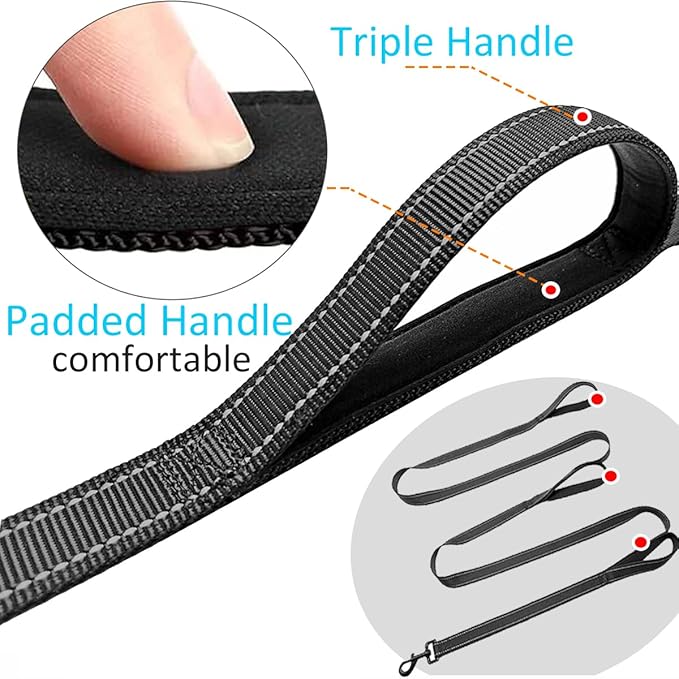 3 Handle Dog Leash, 10FT Triple Handle Reflective Stitching with Padded Traffic Handles, Heavy Duty Training Pet Lead for Control and Safety (Black)