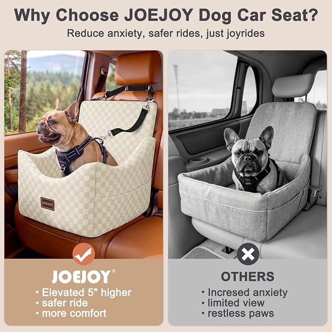 JOEJOY Elevated Dog Car Seat for Small/Medium Dogs up to 35 lbs, Memory Foam Booster Seat with Detachable Washable Cover, Travel-Safe Car Bed with Safety Belts & Storage Pockets, Beige