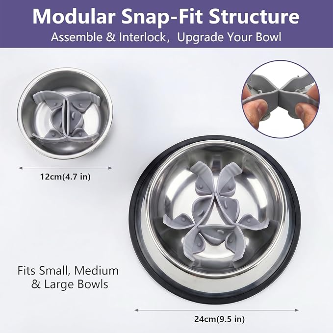 Silicone Dog Slow Feeder Bowl Insert with Suction Cups, Cuttable Food-Grade Lick Mat Divider Fits Stainless Steel Ceramic Glass Dog Bowls, Helps Slow Down Eating, Grey