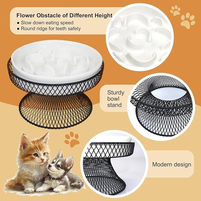 2PCS Raised Ceramic Cat Slow Feeder Bowl Elevated Food Bowl with Stand, Cat Slow Bowl for Wet Food and Dry Food,Slow Down Eating Speed, Whisker Friendly Pet Puzzle Feeder for Kitten and Small Dog