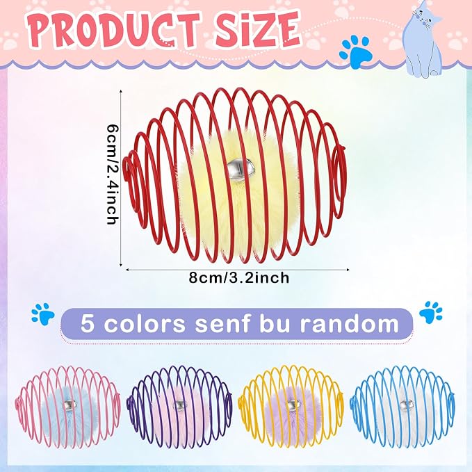 Jecery 5 Pcs Cat Spring Toys Stretchable Rolling Balls Colorful Playful Coils Interactive Action Toy Caged Rats for Kitten Pet Supplies (Pom-pom with Bell,Multicolor)