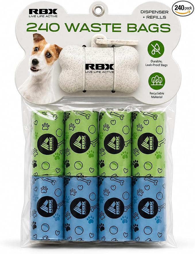 RBX Dog Poop Bags Rolls with Holder for Leash, 240 Poop Bags for Dogs with Clip-On Dispenser, Durable Leak-Proof Waste Bags, 16 Refill Rolls, Recyclable Material