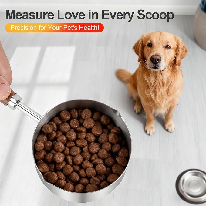 Dog-Cat Food Scoop 1 Cup – 304 Stainless Steel Measuring Cup with Long Walnut Handle, Precise Scale for Pet Food, Easy to Clean & Durable Metal Scoop for Dogs, Cats, and Kitchen Use