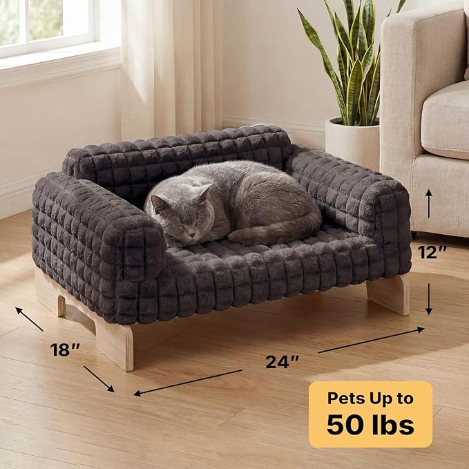 Veehoo Elevated Cat Bed Indoor, Wood Furniture Style Cat Couch Sofa with Removable Washable Cover, Cute & Fluffy Small Cats Bed Furniture for Home