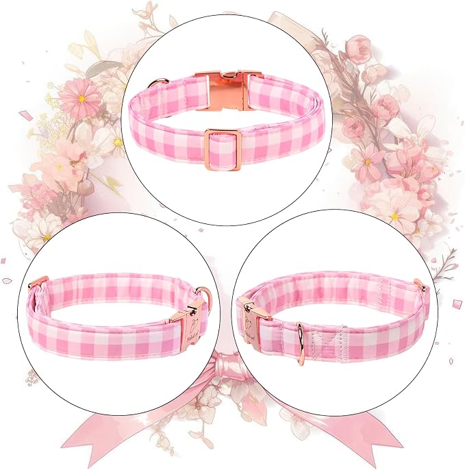 Girl Dog Collar, Classic Pink Gingham Dog Collars - Soft Adjustable Spring Summer Everyday Collars for Small Medium Large Dogs, Sweet Checkered Female Dogs Collar M