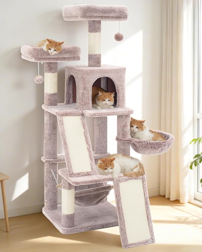 Gitelsnour Multi-Level Cat Tree for Indoor Cats, Cat Tower with 2 Scratching Boards, 2 Plush Padding Platforms, Cat Condo House with Hammock, Basket, Muchroom GCT022MU