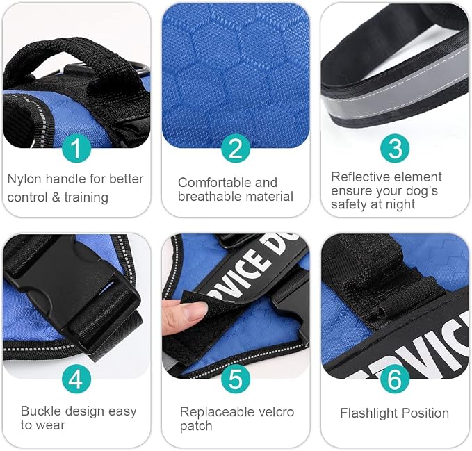 MUMUPET Custom Dog Harness Vest with 2 Personalized Name & Phone Patches, No Pull Reflective Adjustable with Handle, Soft Breathable Padding for Large Dogs (Blue, L)