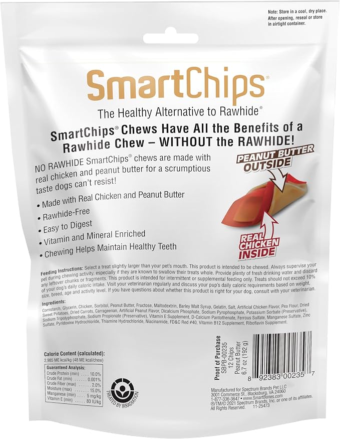 SmartBones SmartChips with Real Peanut Butter, Rawhide-Free Chews for Dogs, 12 Count