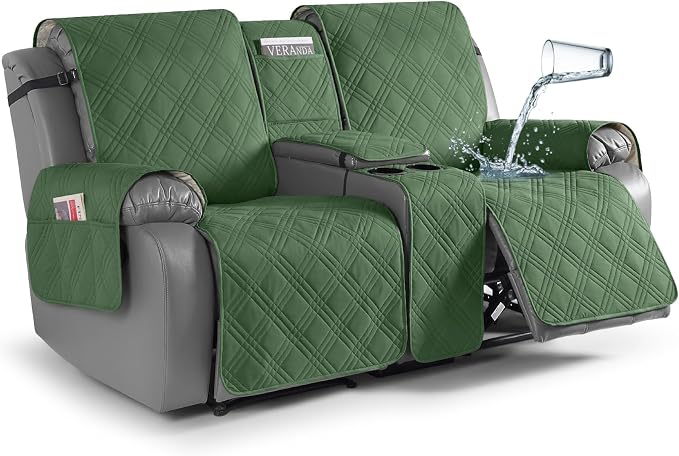 TAOCOCO Loveseat Recliner Cover with Center Console, 100% Waterproof Pet Cover for Dual Recliner with Straps Design, Split Reclining Loveseat Covers Furniture Pet&Kids Protector (2 Seater, Vine Green)