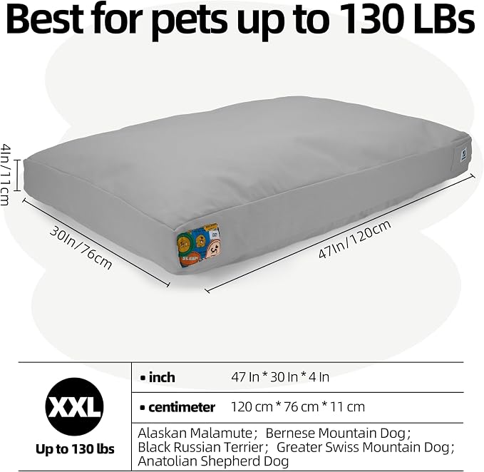 Sytopia 47 Inch Canvas Outdoor Dog Bed for XXL Dogs, Great Gift for Pets with Waterproof Machine Washable Removable Cover, Indoor Patio Pet Pad for Crate, Light Grey