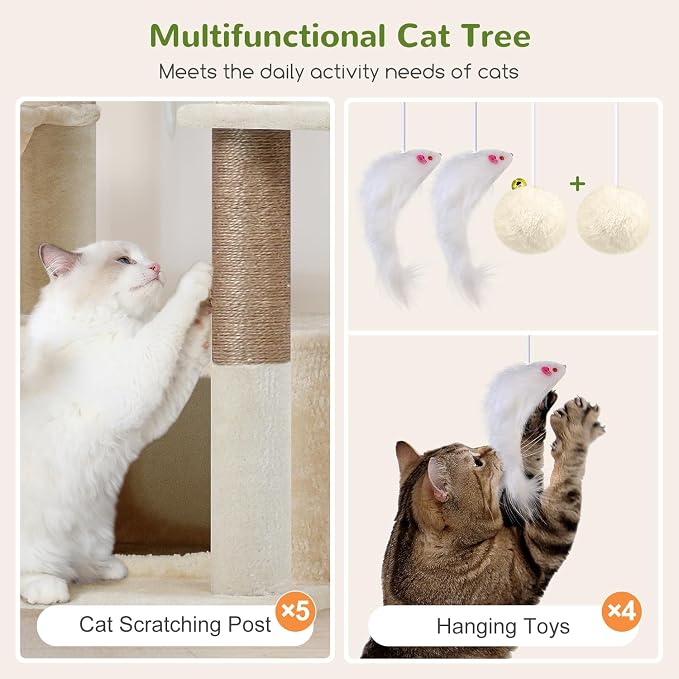Globlazer Large Cat Tree, 80 inch Multi-Level Tall Climbing Tower Kitty Condos Cat Scratching Tower for Indoor Multiple Large Adult Cats Kittens with 3 Cat Caves, 3 Hanging Baskets, F80F, Beige