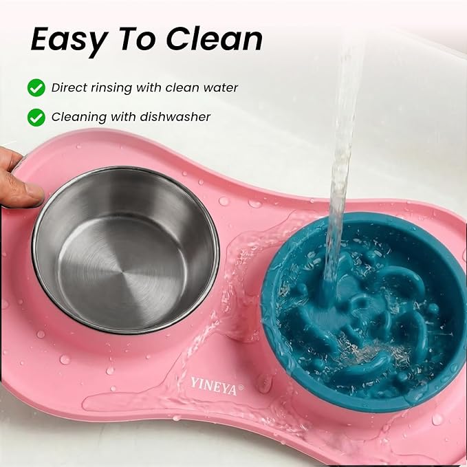 YINEYA 3 in 1 Slow Feeder Dog Bowls & Stainless Steel Food and Water Bowl with Non-Spill Dog Bowl Mat, Anti-Choking Puppy Bowls, Floor Safe & Easy Clean for Large Medium Small Dogs Cats