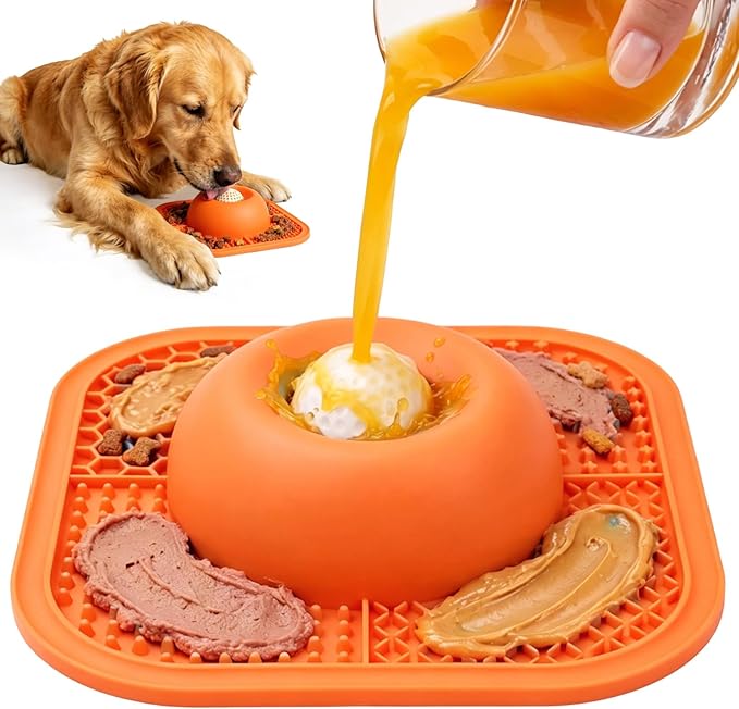 Slow Feeder Dog Bowls & Lick Mat for Liquid and Thick Treat, Anti-Slip Dog Lick Bowl with Interactive Rolling Ball, 5/6 Cup Pup Licking Toy for Large Medium Small Dogs and Cats Orange