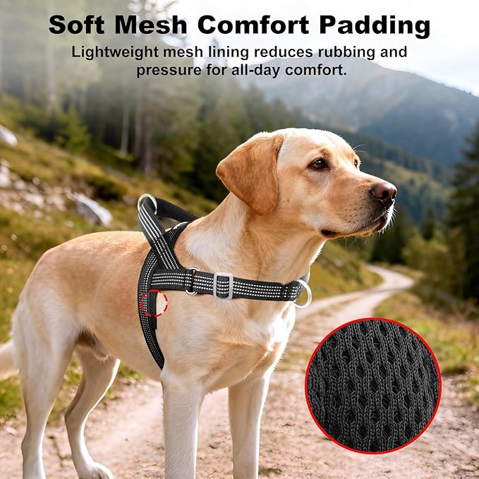 No Pull Dog Harness with Handle, Adjustable Soft Mesh Padded Reflective Walking Harness with Front Clip for Small Medium Large Dogs – Quick Fit No Escape for Training and Hiking (Black, XL)