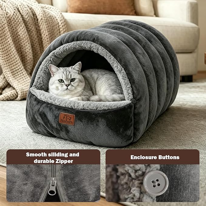 Covered Cat Bed Cave for Indoor Cats, 2-in-1 Enclosed Pet Bed for Kittens with Zippered Washable Cat Mats, Cat House Bed, Dark Grey
