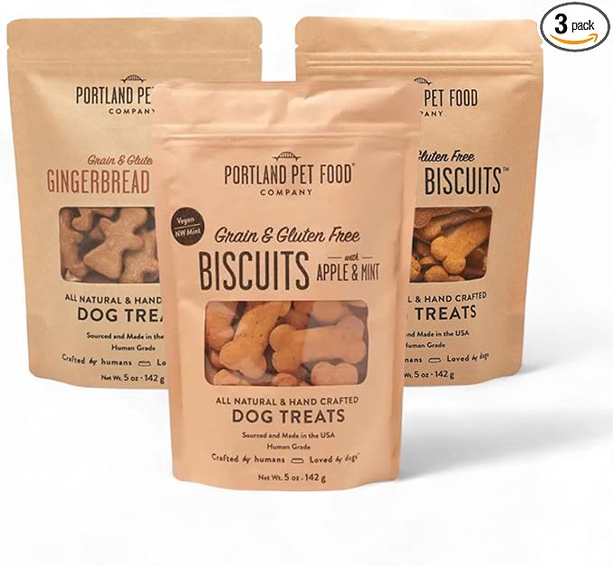 Portland Pet Food Company Healthy Dog Treats Vegan Variety Pack - Grain-Free, Human-Grade Apple Mint, Gingerbread, Pumpkin Treats - Natural Training Biscuits for All Ages & Sizes, Made in USA - 3 Pack
