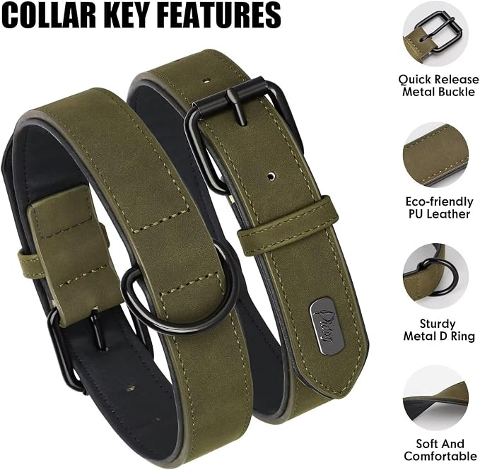 Didog Soft Padded PU Leather Dog Collar, Breathable and Adjustable Dog Collars for Small Dogs, Comfortable for Daily Walk, Dark Green, M Fit Neck 11-14"(10-20 lbs)