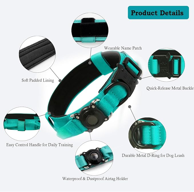 Upgraded AirTag Dog Collar,Waterproof Tactical Dog Collar with AirTag Holder, Control Handle and Metal Buckle,Heavy Duty Dog Collars for Large Dogs (Teal，M