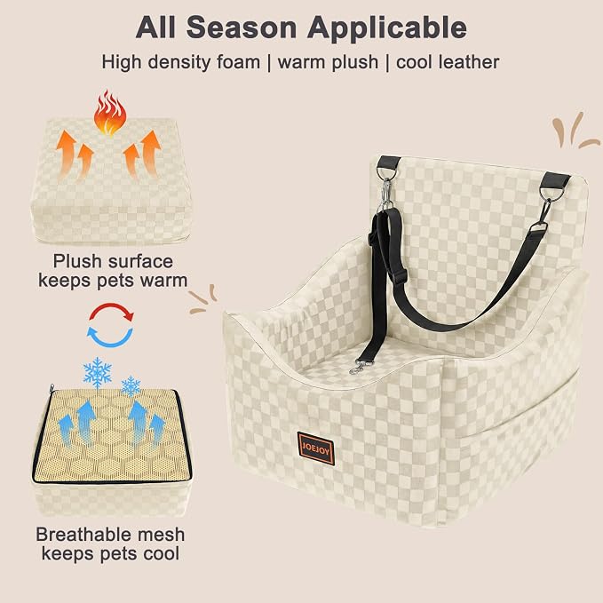 JOEJOY Elevated Dog Car Seat for Small/Medium Dogs up to 35 lbs, Memory Foam Booster Seat with Detachable Washable Cover, Travel-Safe Car Bed with Safety Belts & Storage Pockets, Beige