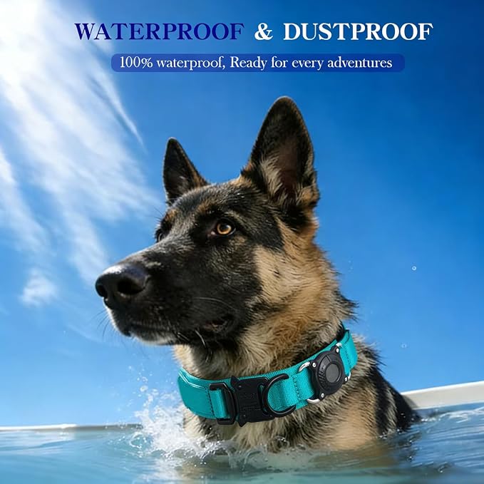 Upgraded AirTag Dog Collar,Waterproof Tactical Dog Collar with AirTag Holder, Control Handle and Metal Buckle,Heavy Duty Dog Collars for Large Dogs (Teal，XXL