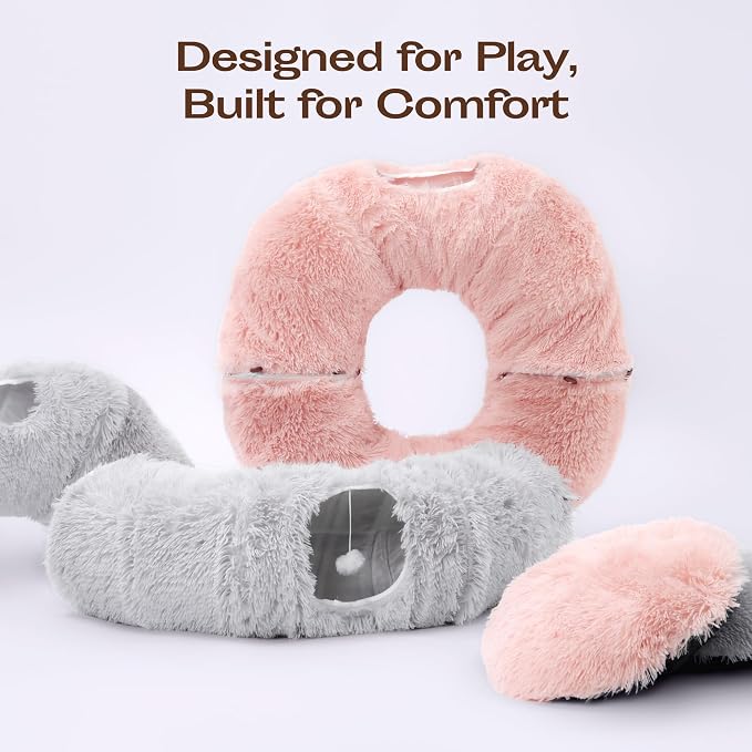 MEOWFIA Indoor Cat Tunnel with Donut Bed - Large Flexible Play Space for Multiple Pets - Circle or Snake Shape, Cozy Lounge (Gray)