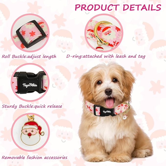 Christmas Dog Collar Large Dog Collars, Adjustable Pink Dog Collars with Jolly Santa Pattern, Cute Dog Christmas Collar for Dogs, Winter Holiday Dog Collar for Girl Boy Dogs-L