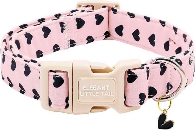 Elegant little tail Valentine's Dog Collar - Black Heart Dog Collars Cotton Puppy Adjustable Pet Collars with Sturdy Quick Release Buckle for Medium Dogs