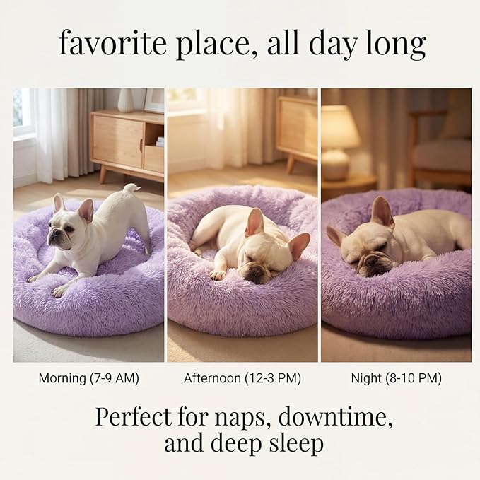 Calming Dog Bed for Medium Dogs Washable Donut 30 inches Anti-Slip Pet Bed,Round Fluffy Plush Faux Fur Cat Bed,Fits up to 45 lbs Pets,Purple