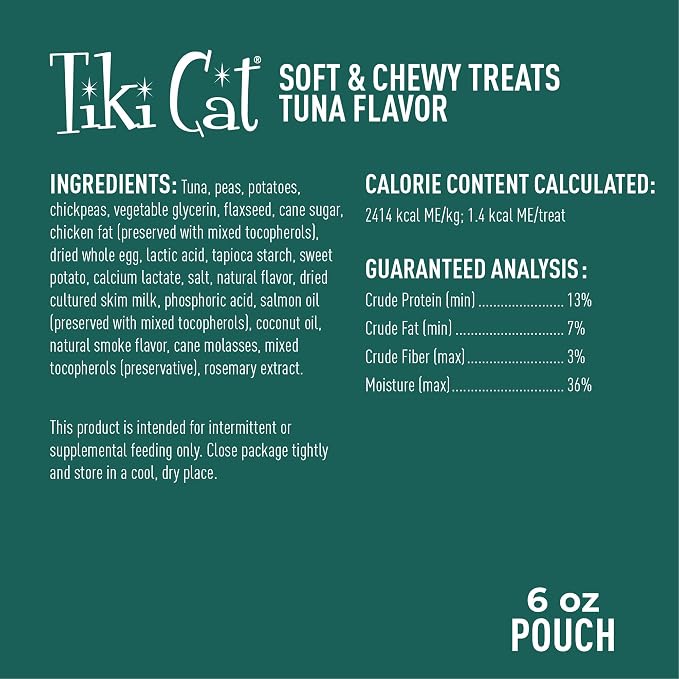 Tiki Cat Soft & Chewy Treats, Tuna Flavor, 3 Calories Per Treat with Grain-Free and No Added Gluten, 6 oz Pouch (Pack of 1)