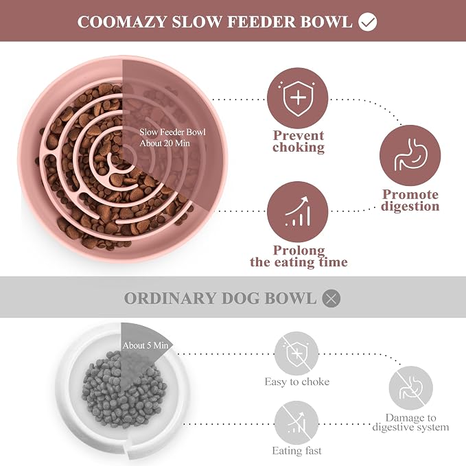 Coomazy Slow Feeder Dog Bowls, Silicone Dog Bowl with Suction Cups, Slow Feeder & Non-Slip Design, Boredom and Anxiety Reducer, Suitable for All Breed Dogs, Pink
