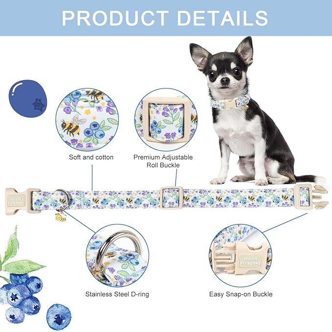 Unique style paws Dog Collar Plastic Buckle with Pendant Puppy Collar for Spring Summer Blueberry Bee for Small Medium Large Boys Girls Dogs