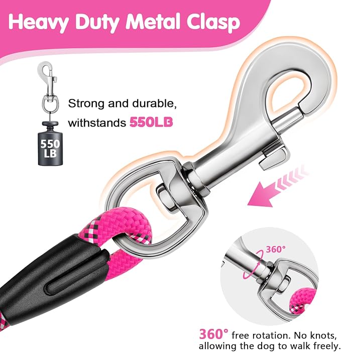 Dog Leash Heavy Duty 4/5/6ft XiaZ 2 Handles Dog Leashes for Medium Large Dogs 1/2 Inch 1000lb Strength Reflective PVC Waterproof-Handles Metal Hook Dual-Handle Rope Leash Nighttime Safety