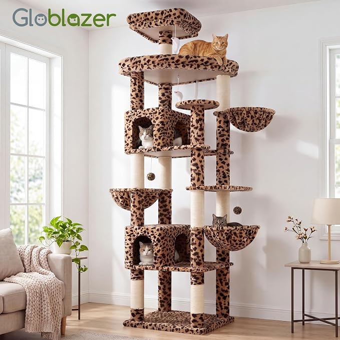 Globlazer Extra Large Cat Tree Tower 82in Tall Heavy Duty Cat Tree for Indoor Cats Large Adult Big Cat Tower with 8 Scratching Posts, 2 Condos, 2 Padded Perches, 3 Hanging Baskets, S82, Leopard Print